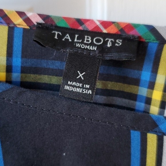 TALBOTS TARTAN PLAID COTTON RUFFLE HOLIDAY COTTAGE BLOUSE SIZE X BLACK RED GREEN - Picture 4 of 7